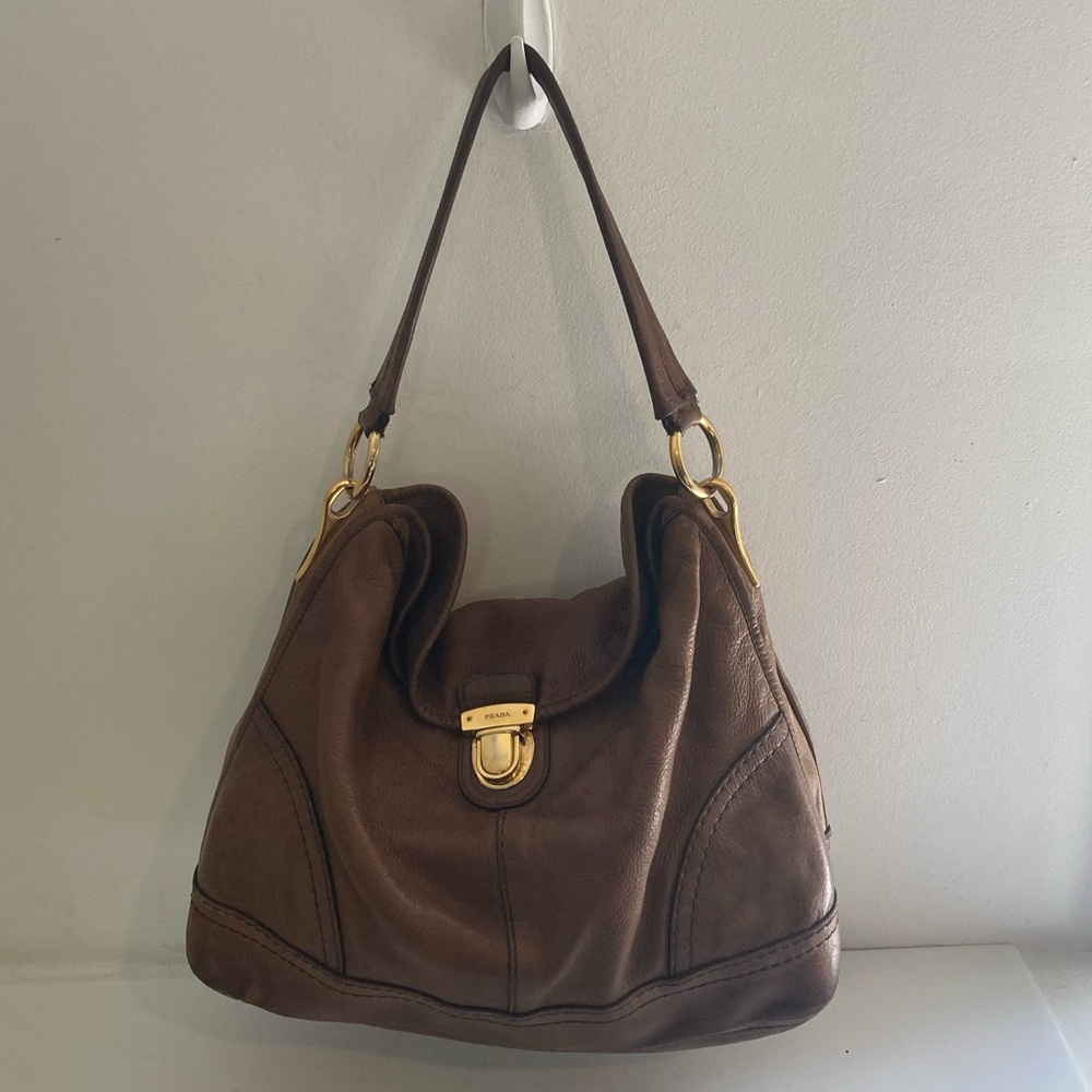 Vintage Prada Cervo Shine Hobo Bag in Luggage Brown - Picture 3 of 13